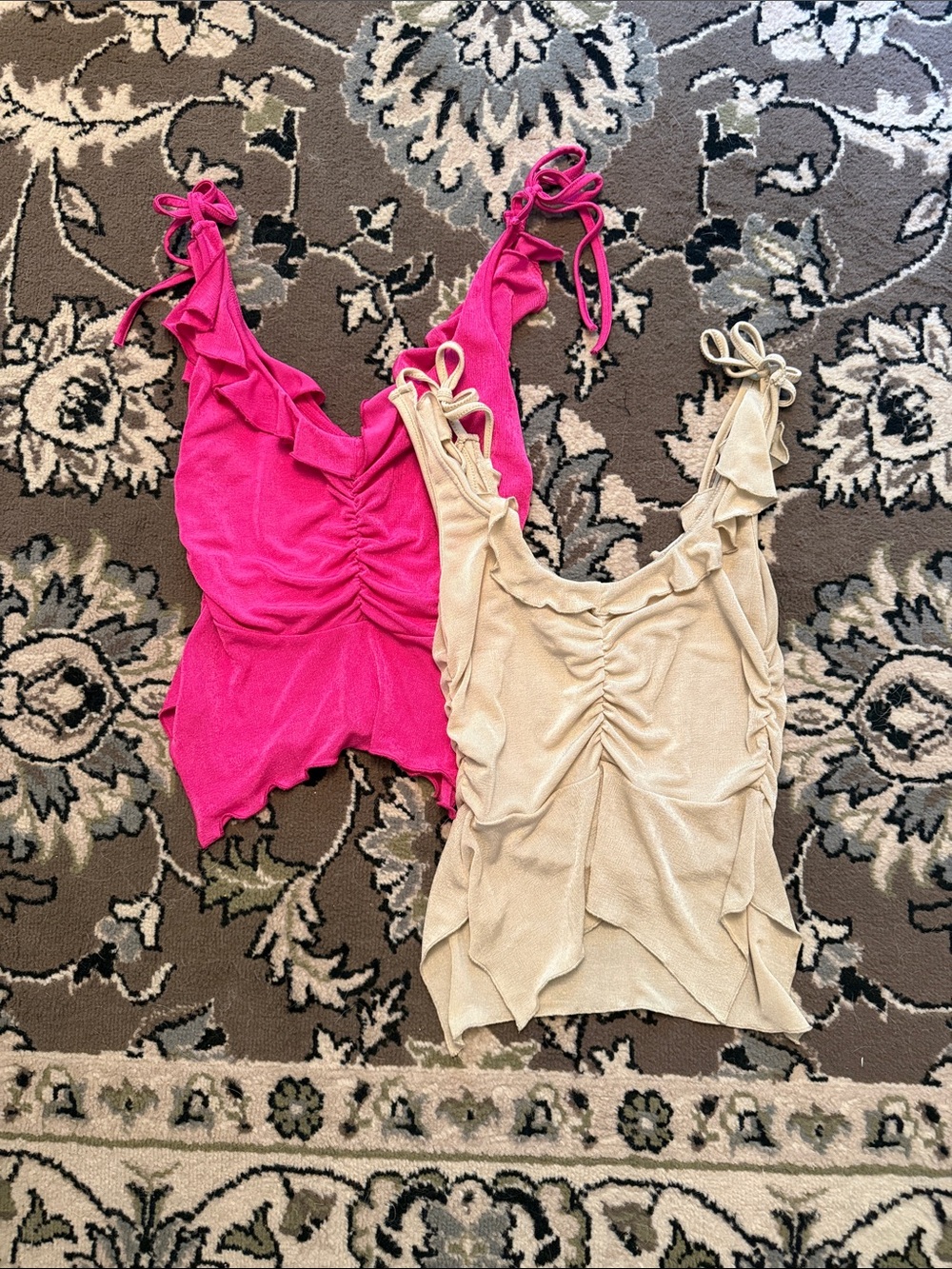 Women’s Ruched Ruffle Tank Top — Hot Pink & Cream Set of Two